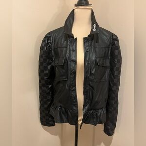 NWOT Disney Cruella De’Vil Black Faux Leather Jacket Checkered Sleeves, size L